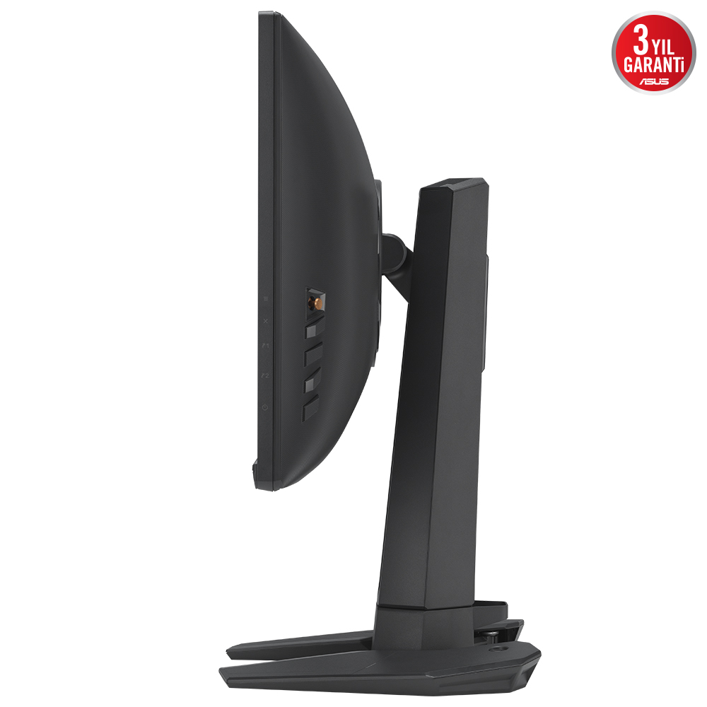 Bir standlı siyah bir bilgisayar monitörü, yandan görünüm. ASUS logosu görünür.