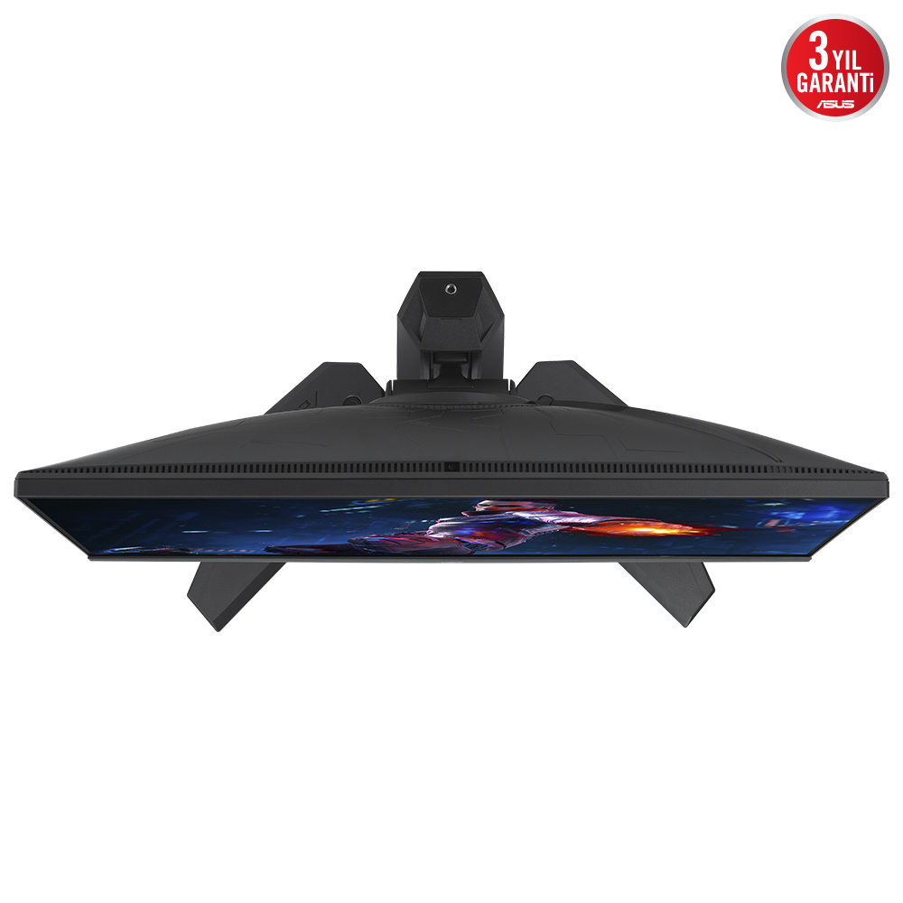 Siyah bilgisayar monitörü, üstten görünüm. ASUS logosu ve kırmızı 3 yıllık garanti rozeti.