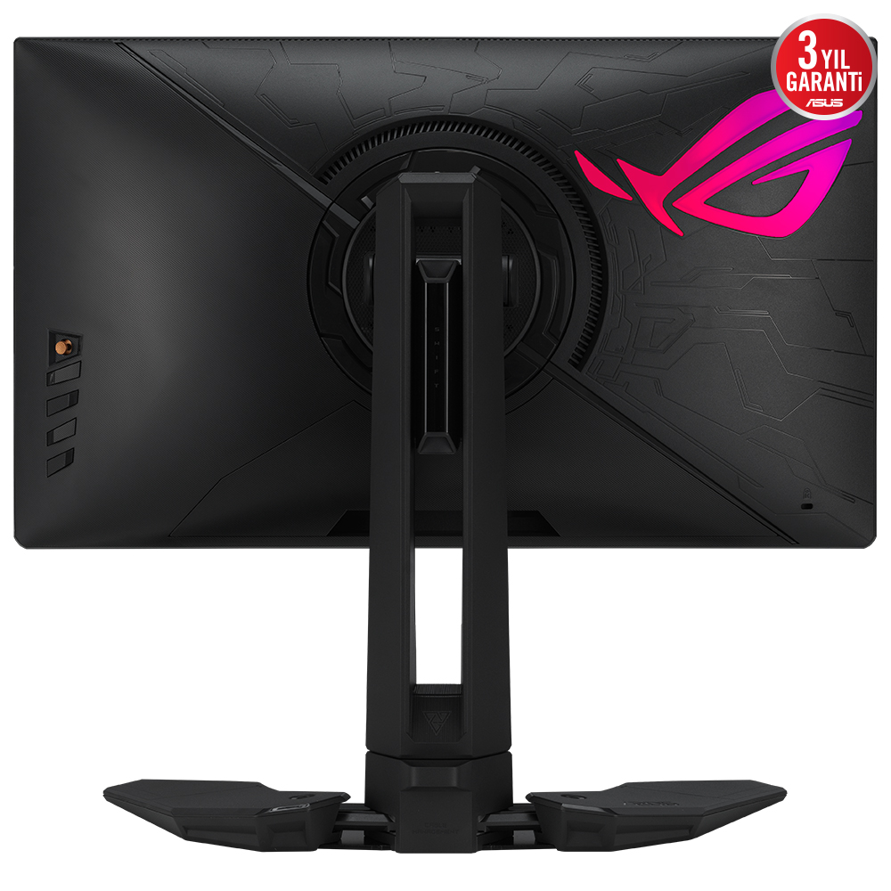 Siyah bir ASUS oyun monitörünün arkası. Kırmızı bir logoya ve tasarım öğelerine, bir standa sahiptir.