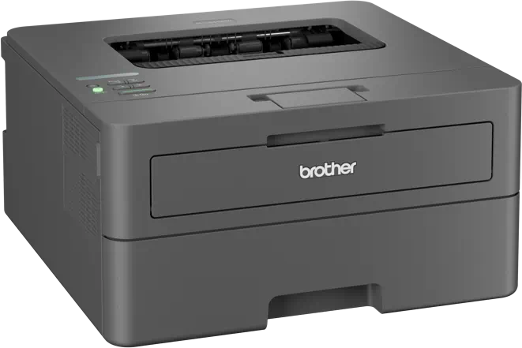 Une imprimante laser Brother, gris foncé, sur fond blanc.