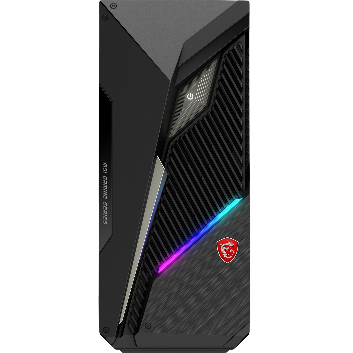 Een zwarte MSI gaming pc-behuizing. Het heeft een aan/uit-knop, een MSI-logo en kleurrijke LED-verlichting. De behuizing heeft een getextureerd ontwerp.