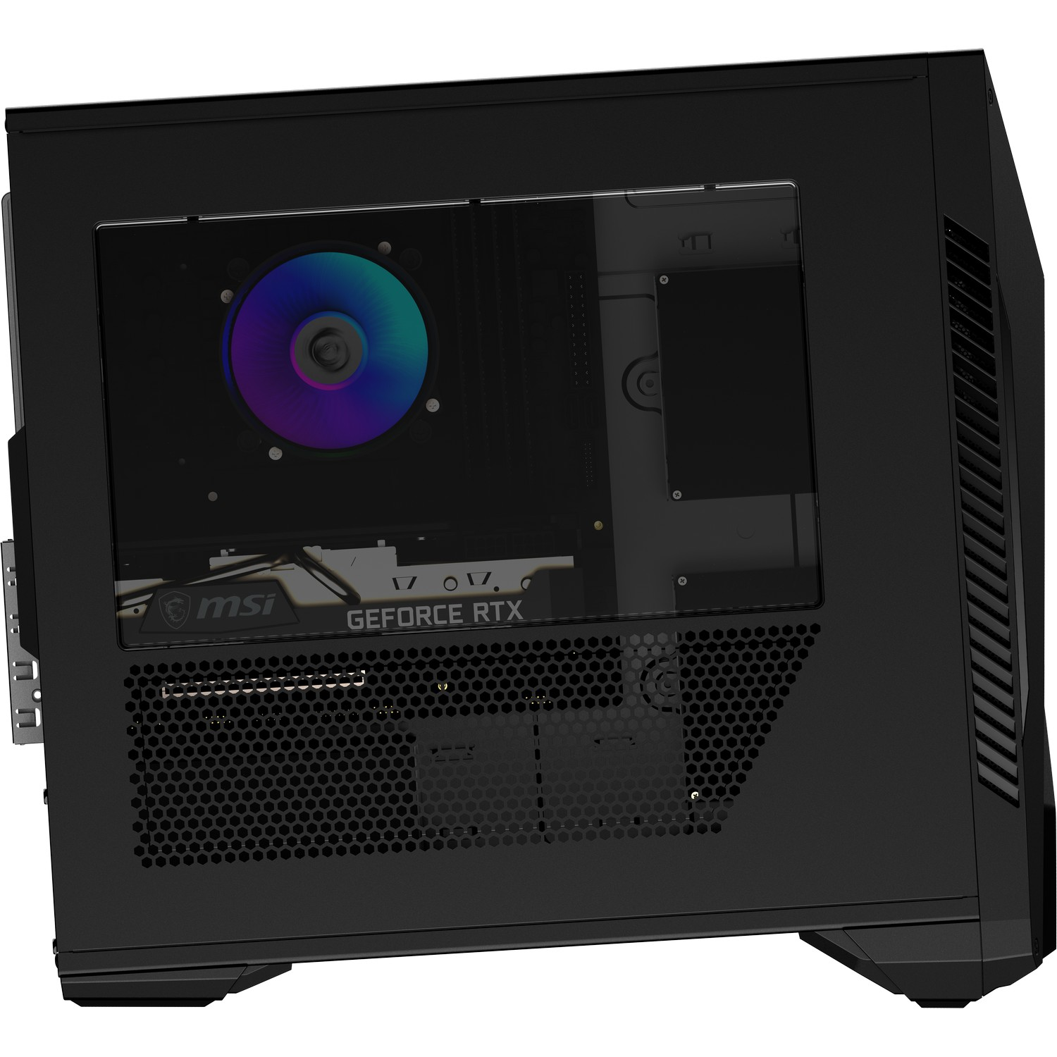 Zwarte computerkast met een glazen zijpaneel. Binnenin zijn een kleurrijke ventilator, een grafische kaart en andere componenten zichtbaar.