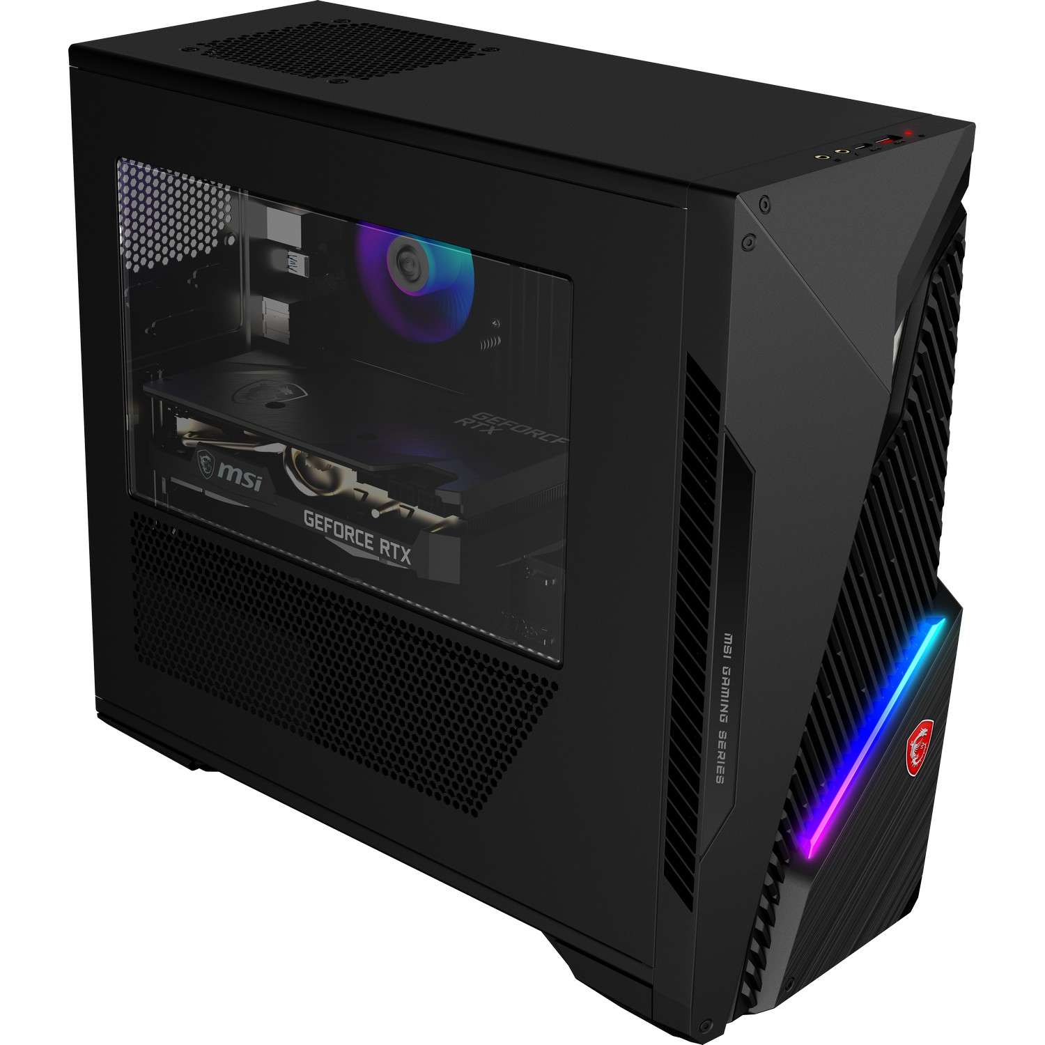 Een zwarte MSI gaming pc-behuizing met een glazen zijpaneel. Binnenin is een grafische kaart zichtbaar. De voorkant heeft RGB-verlichting en het MSI-logo.