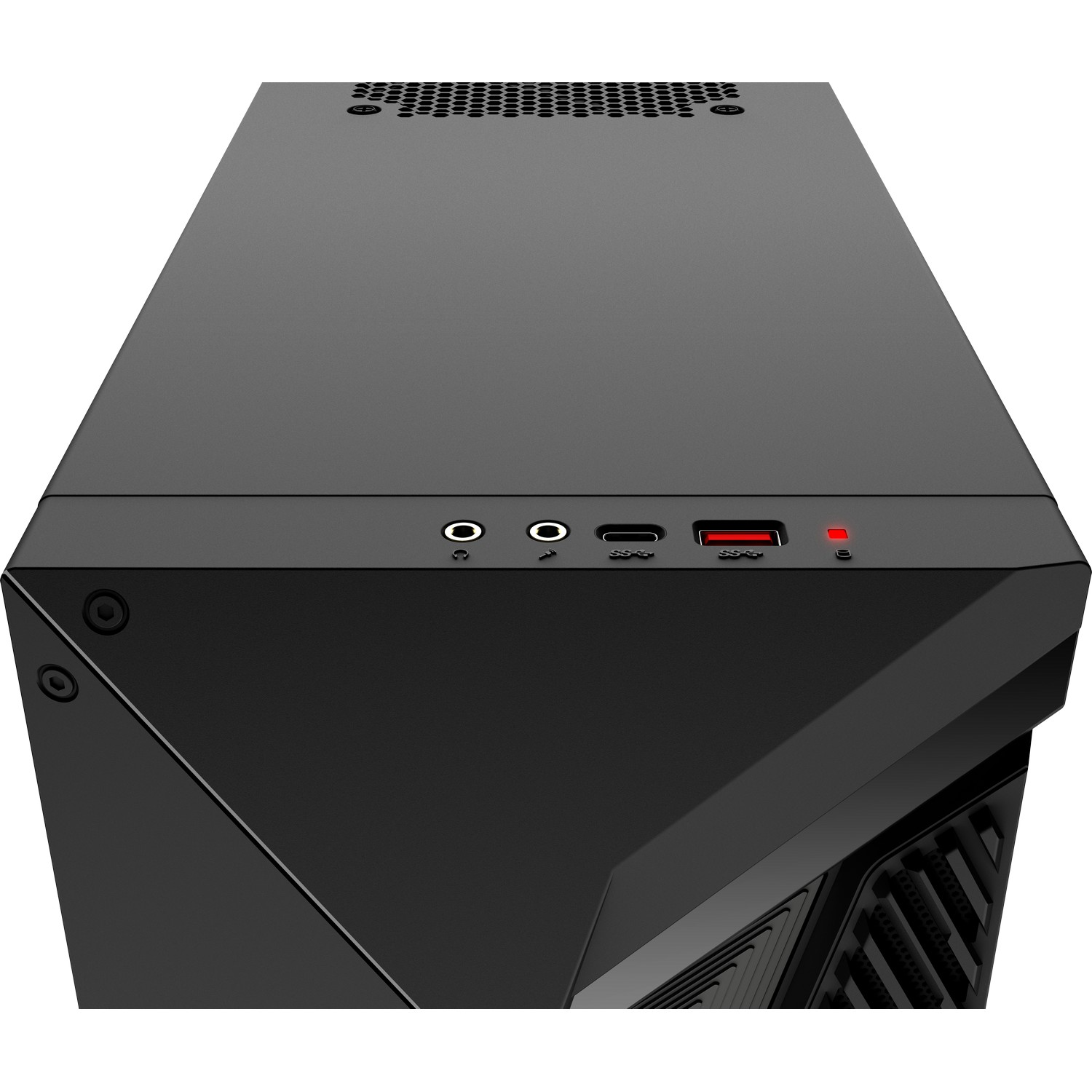 Een zwarte computerkast, vooraanzicht. Het heeft diverse poorten, een aan/uit-knop en een ventilatierooster. Witte achtergrond.