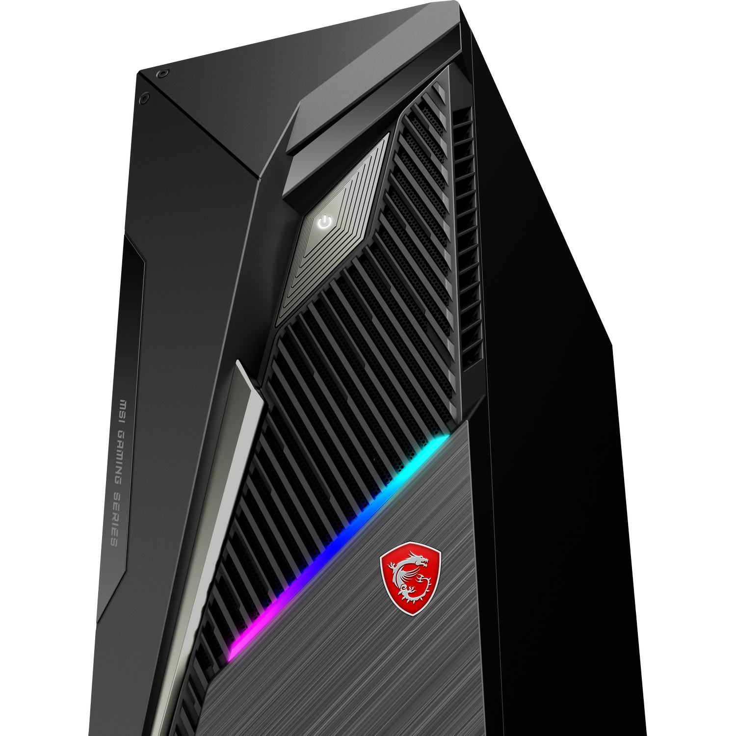 Een zwarte MSI gaming pc-behuizing met een aan/uit-knop, ventilatieopeningen en het MSI drakenlogo. De behuizing heeft RGB-verlichting.