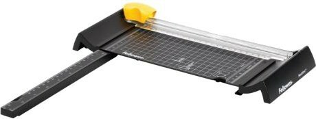 Czarny i żółty obcinacz do papieru, z linijką i siatką widoczną.