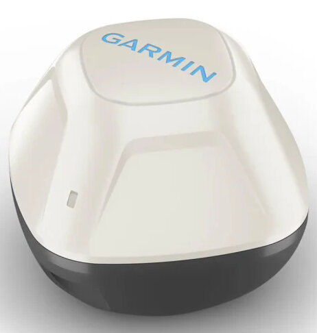 Białe i szare urządzenie Garmin z logo Garmin. Zaokrąglony kształt.
