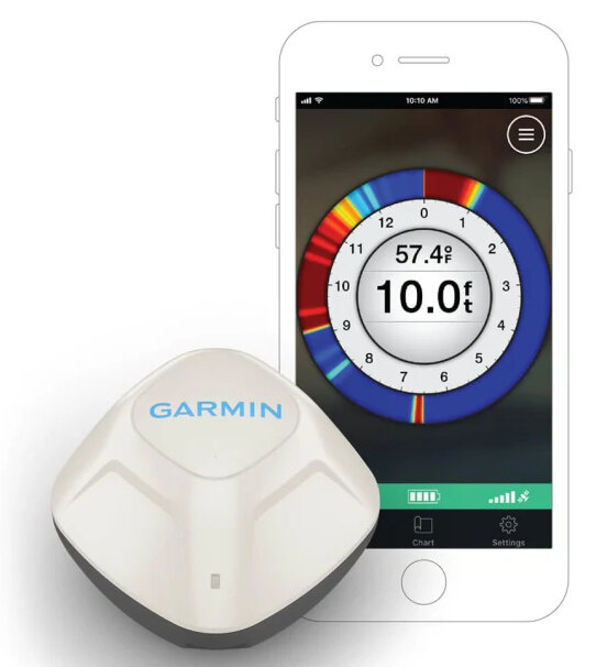 Urządzenie Garmin i telefon pokazujący dane dotyczące połowów.