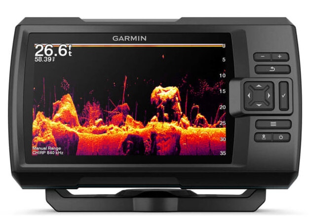Echosonda Garmin wyświetla obrazy ryb i dane na swoim ekranie.