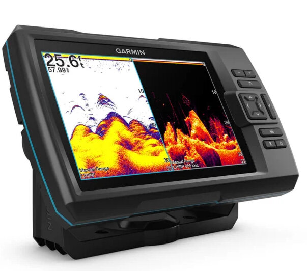 Echosonda Garmin pokazująca szczegółowy widok podwodny. Wyświetlacz pokazuje głębokość i strukturę.