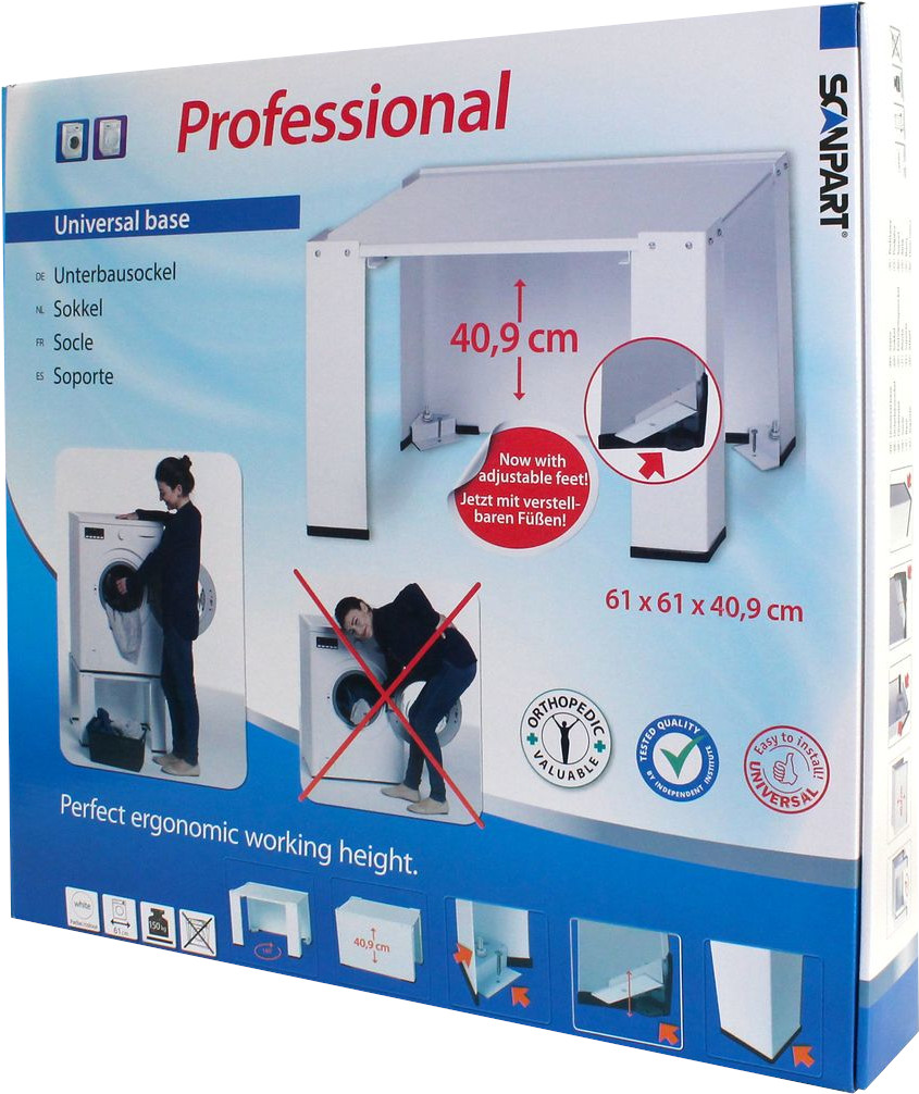 Box showing a white base for a washing machine. Includes diagrams, text in multiple languages, and a photo of a woman.