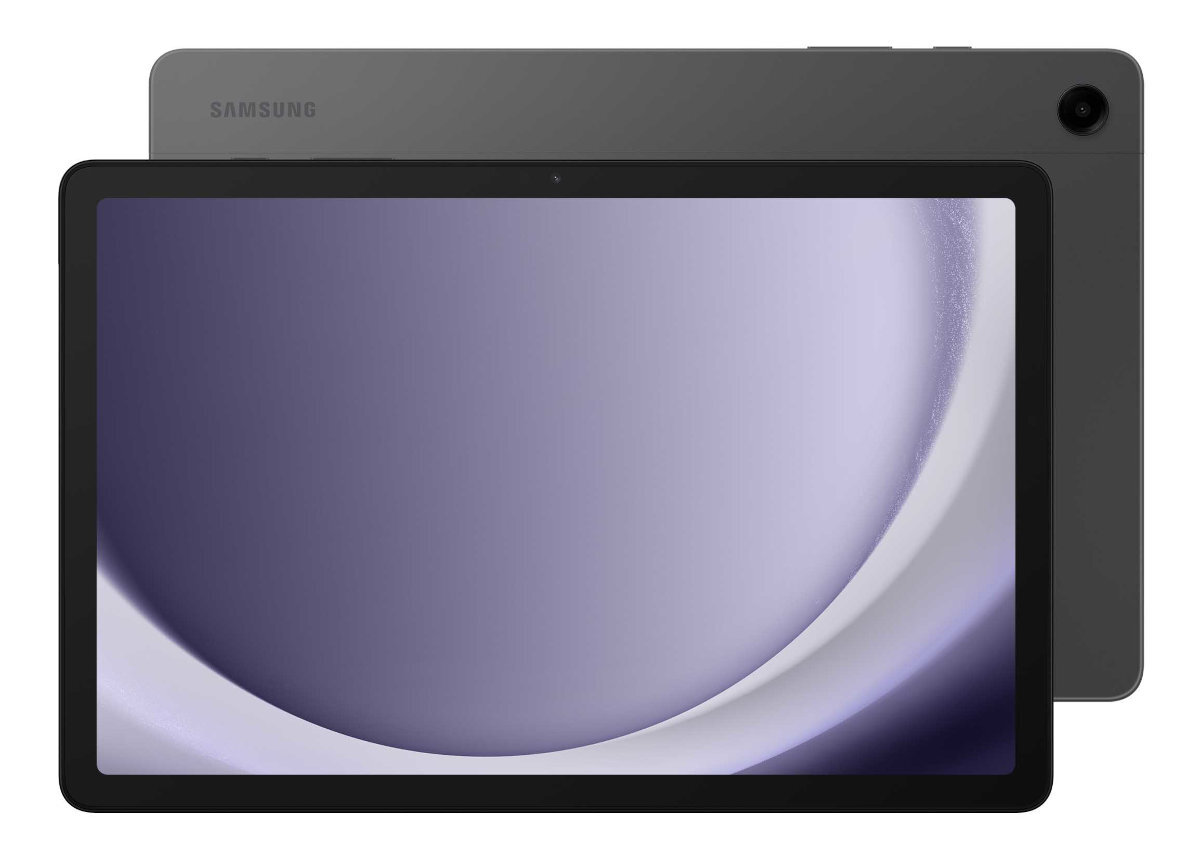 Tablet z szarym tyłem i czarnym ekranem. Ekran pokazuje fioletowo-biały wzór.