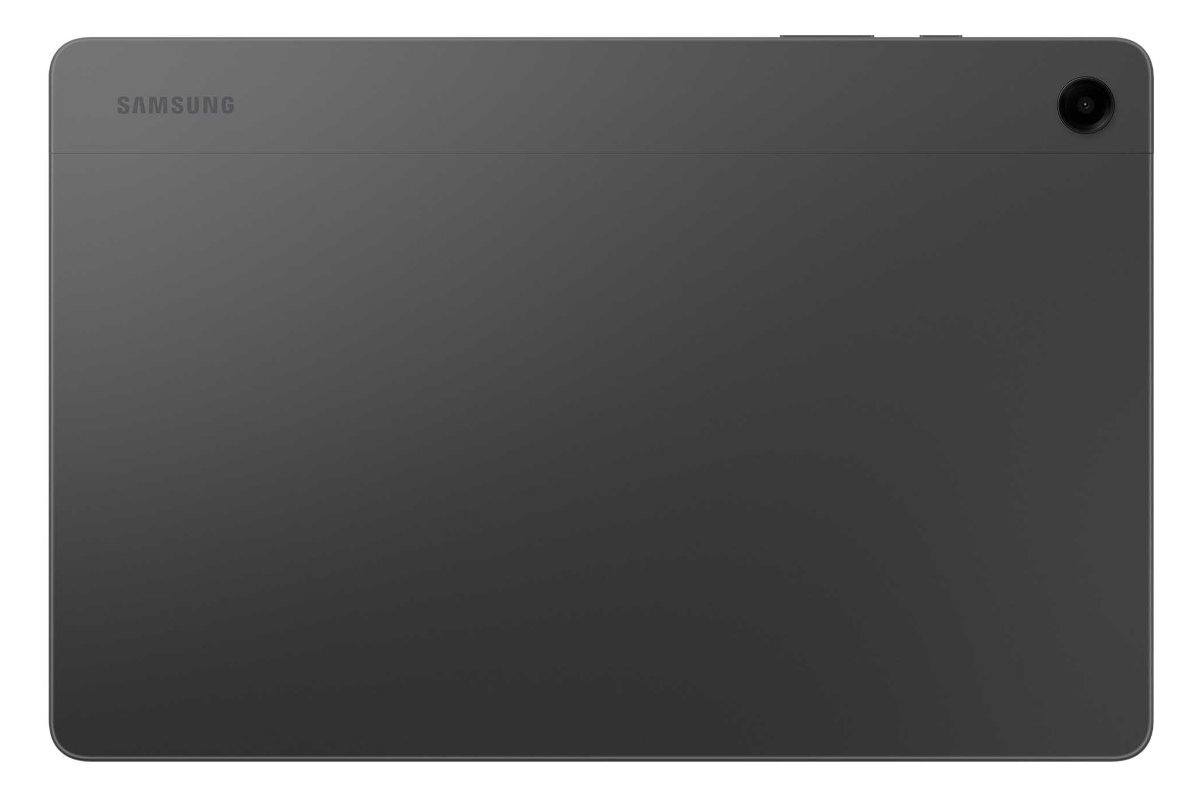 Tył ciemnoszarego tabletu z logo 'SAMSUNG', aparatem i eleganckim designem.
