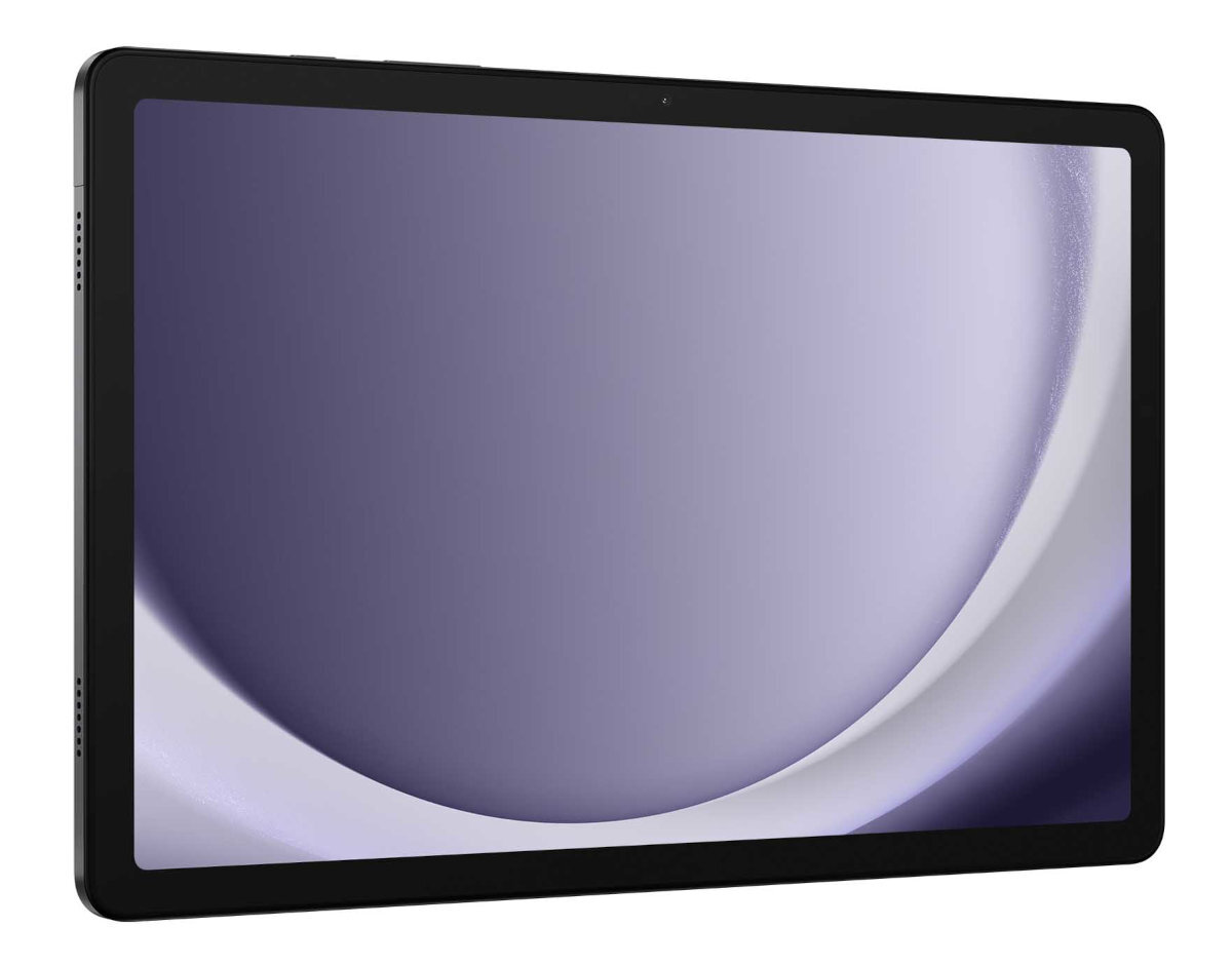 Czarny tablet z ekranem wyświetlającym fioletowy gradient.