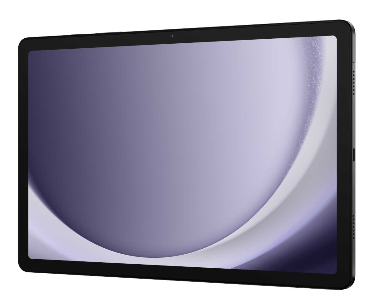 Czarny tablet z czarną ramką, zakrzywionym fioletowym ekranem. Widok z boku, białe tło.