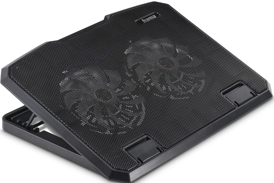 Ein schwarzes Laptop-Kühlpad mit zwei Lüftern. Es liegt auf einer weißen Oberfläche.