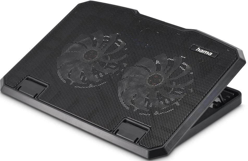 Schwarzes Laptop-Kühlpad mit zwei Lüftern und einer Mesh-Oberfläche, abgewinkelt für den Gebrauch.