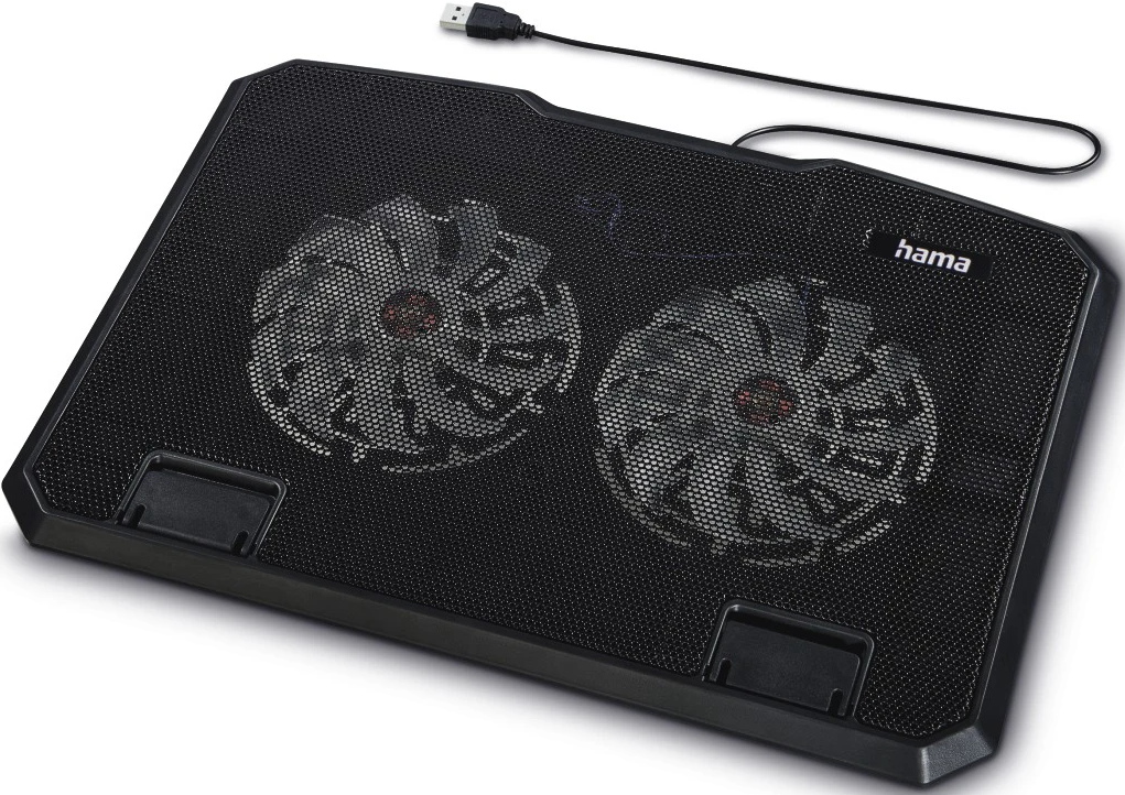 Ein schwarzes Laptop-Kühlpad mit zwei Lüftern, USB-Kabel und dem 'hama'-Logo.