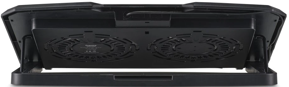 Schwarzer Laptop-Kühler mit zwei Lüftern. Die Rückseite wird gezeigt, mit einem Stromkabel. Der Kühler hat einen verstellbaren Ständer.