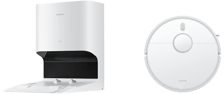 Przedstawiono biały odkurzacz robota Xiaomi i jego stację ładującą.