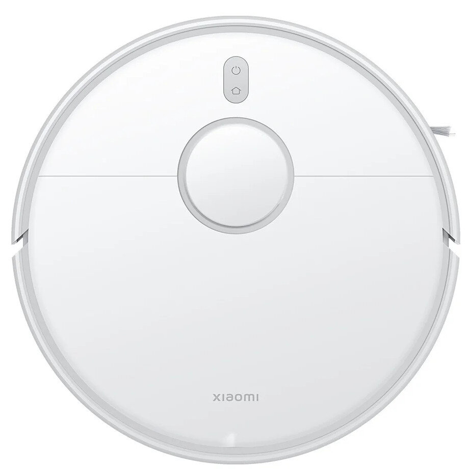 Biały odkurzacz automatyczny Xiaomi, widok z góry, okrągły kształt, białe tło.