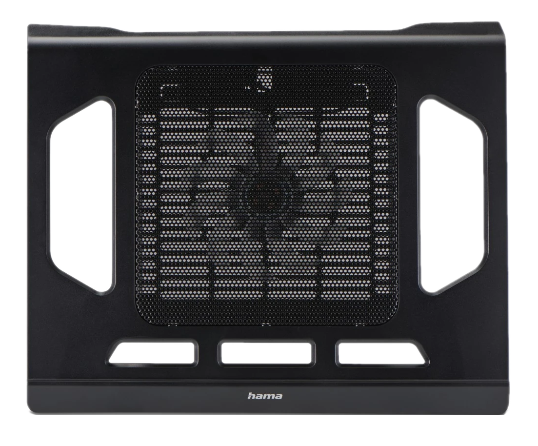 Schwarzer Laptop-Kühler mit Lüfter und Mesh-Gitter. Er hat eine rechteckige Form mit Aussparungen und dem 'hama' Logo.