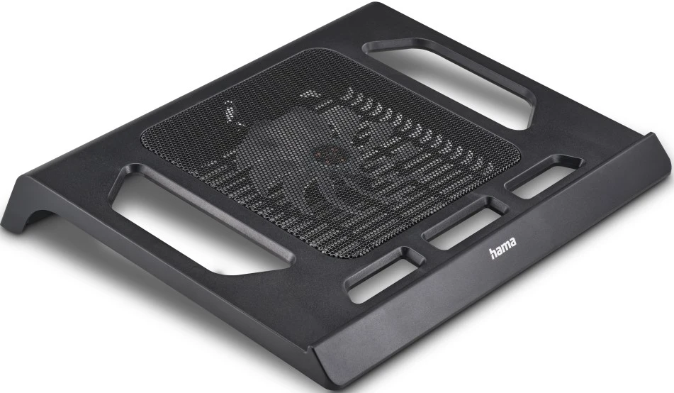Schwarzes Laptop-Kühlpad. Es hat eine Mesh-Oberfläche und einen Lüfter im Inneren.