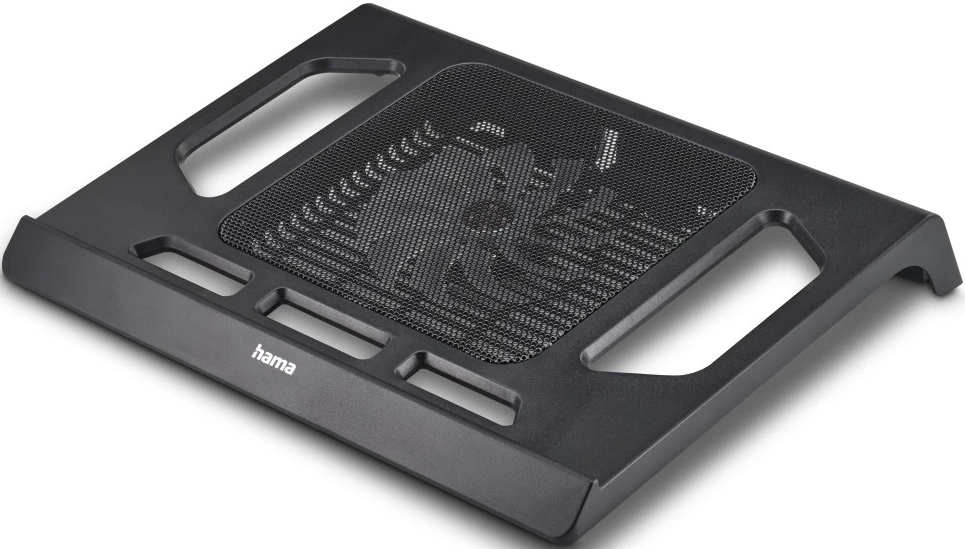 Schwarzes Laptop-Kühlpad. Merkmale: Mesh-Oberfläche und 'hama'-Logo vorne.