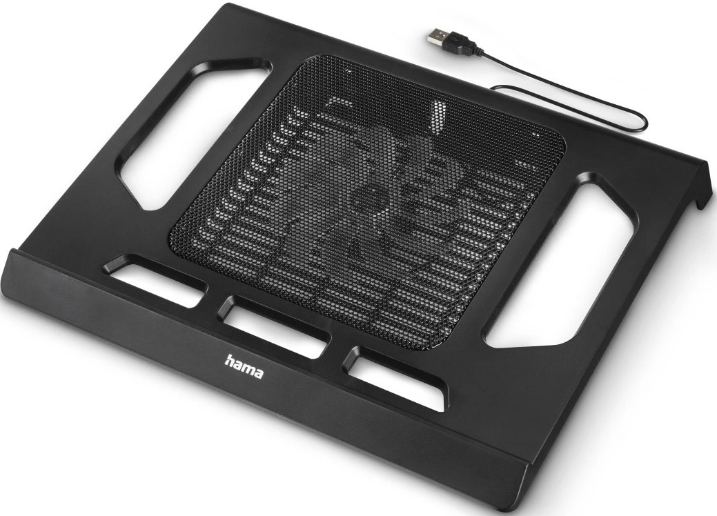 Schwarzer Laptop-Kühler mit Mesh-Oberfläche und USB-Kabel.
