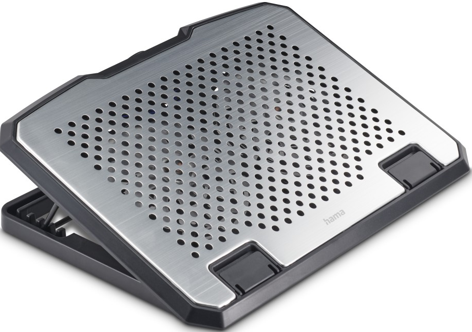 Silbernes und schwarzes Laptop-Kühlpad. Verfügt über eine perforierte Metalloberfläche und eine schwarze Basis.