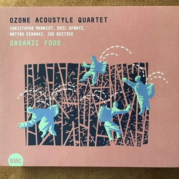 Album borító kék figurákkal és absztrakt formákkal rózsaszín háttérrel. Cím: Organic Food.