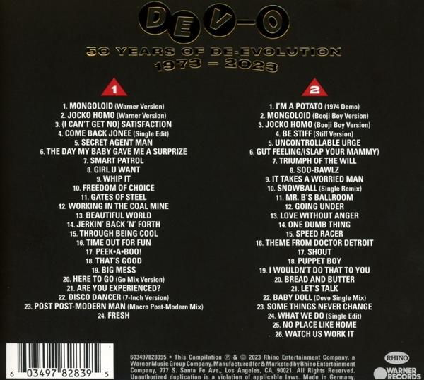 A DEVO CD hátulja, piros és fehér dalok listájával. Fekete háttér.