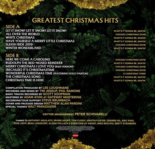 Album borítója: Greatest Christmas Hits. Olyan dalokat sorol fel, mint a Let It Snow, White Christmas és a Rudolph. A háttér egy karácsonyfa.