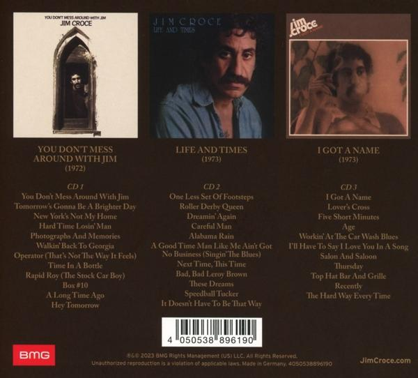 Albumcover mit drei Albumcovern. Text. BMG-Logo. Jim Croces Alben und Songtitel.