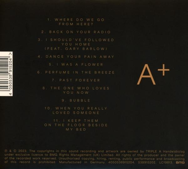 CD-Rückseite mit Titelliste, weißer Text auf schwarzem Hintergrund. A+ Logo.