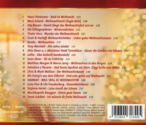 CD-Cover: Roter Hintergrund, weißer Text mit verschiedenen Weihnachtsliedern.