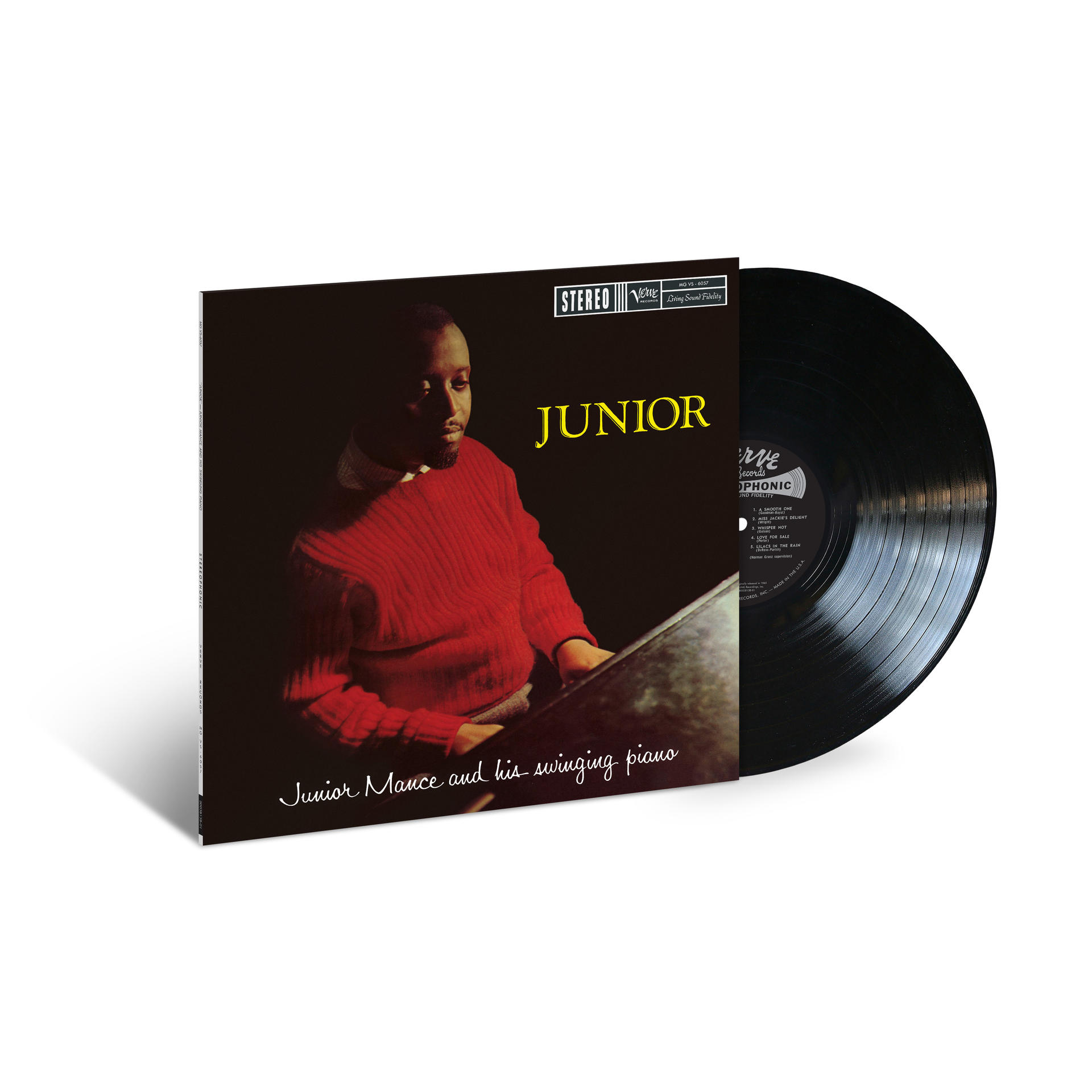 Eine Schallplatte und Albumcover mit einem Mann in rotem Pullover. Schwarzer Hintergrund.