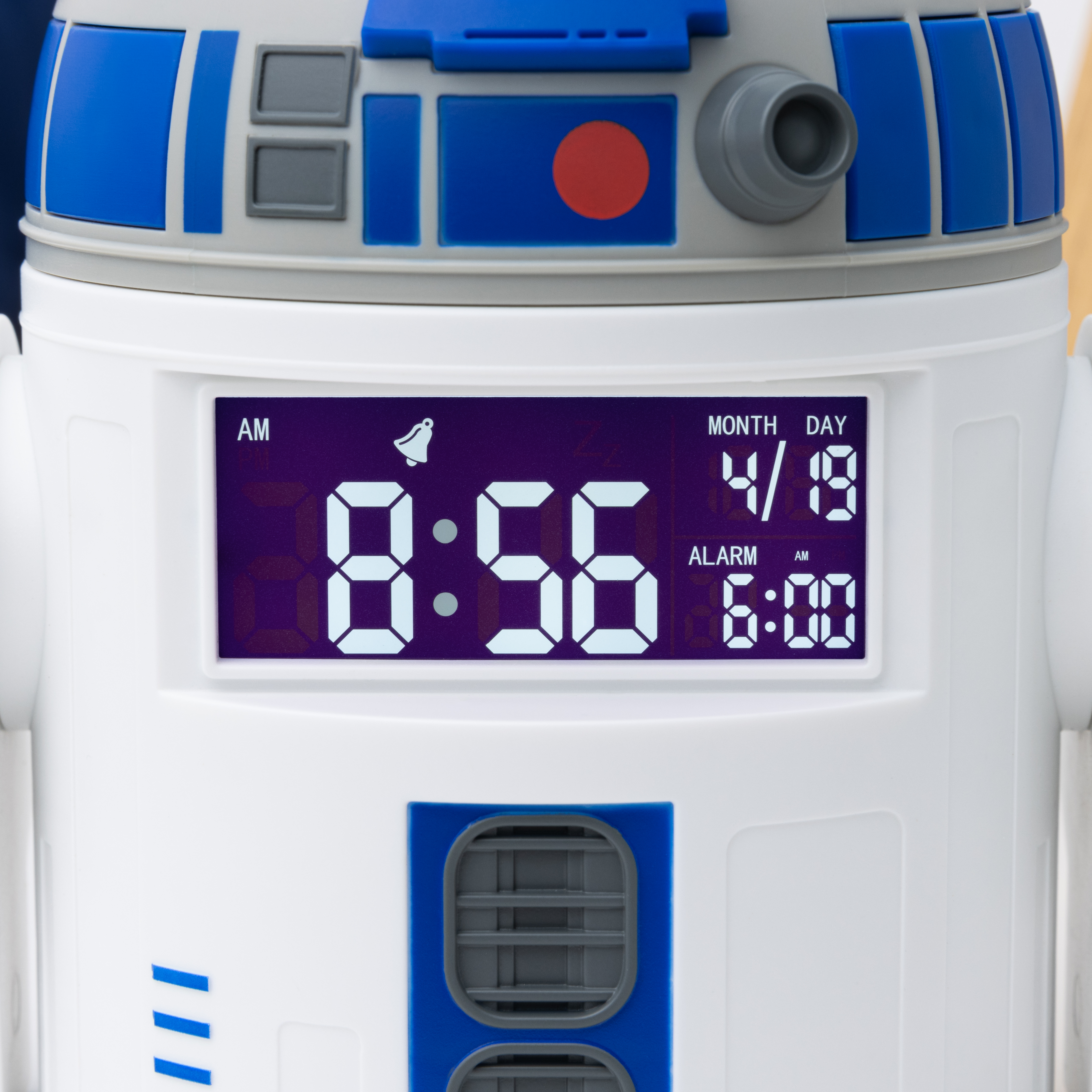 R2-D2 Uhr. Digitalanzeige mit Zeit und Datum. Weißes und blaues Farbschema.