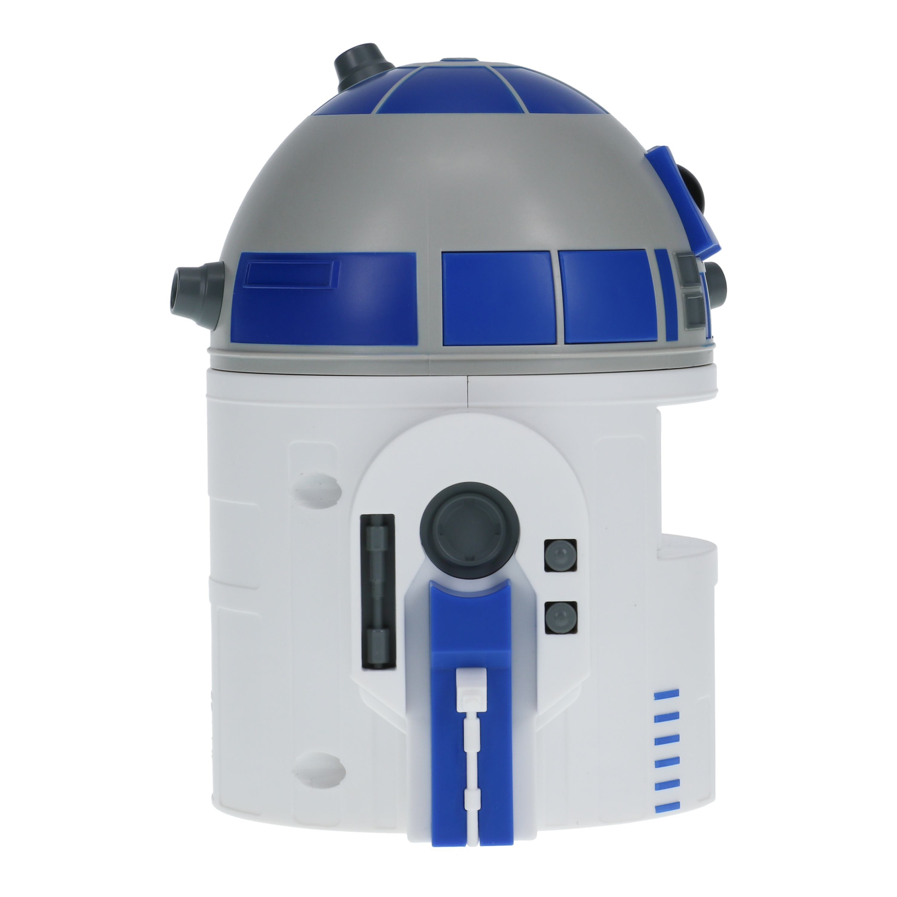 R2-D2 Spielzeugroboter. Weißer Körper, blauer und grauer Kopf, mit schwarzen Details, isoliert auf weißem Hintergrund.