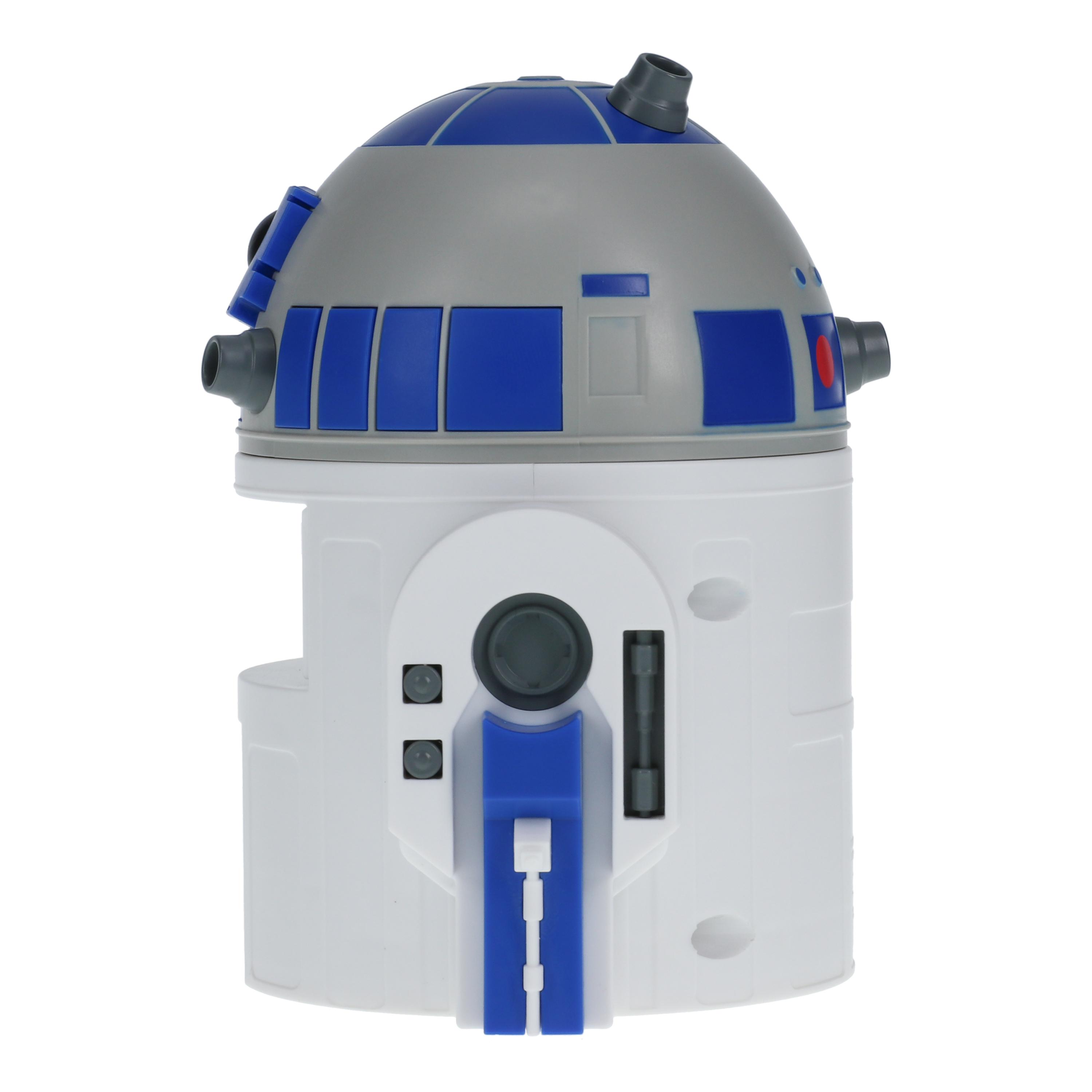 R2-D2-Spielzeug, blau und weiß, mit Knöpfen und Kuppel.
