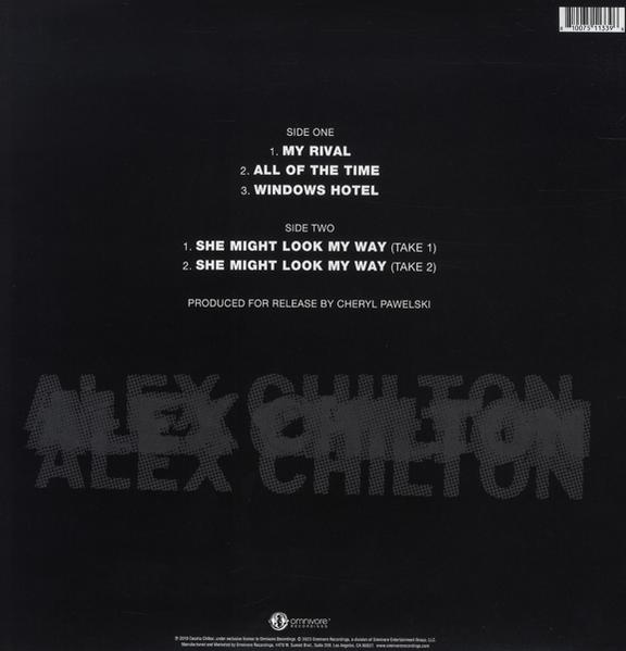 Vinyl-Albumcover, schwarzer Hintergrund, Titelliste, Alex Chilton-Name in großer grauer Schrift.