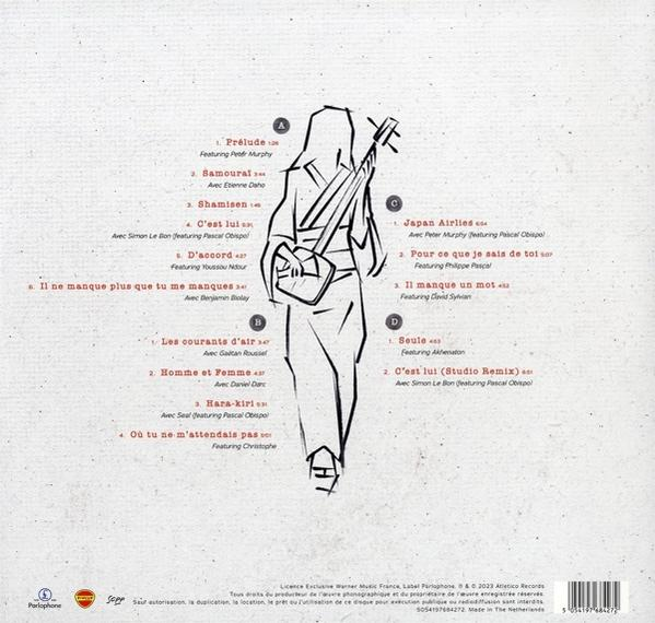 Albumcover mit einer Zeichnung einer Person, die ein Saiteninstrument hält. Titelliste.