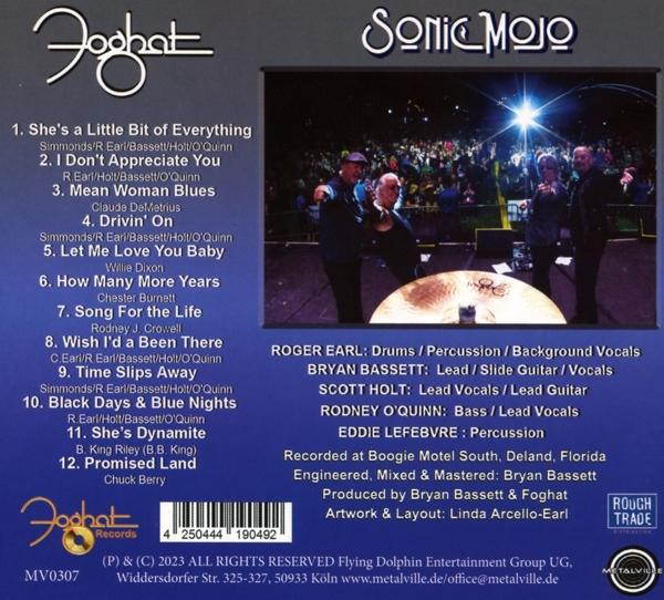 Die Rückseite eines Foghat-Albums mit einem Foto der Band und den Songtiteln.