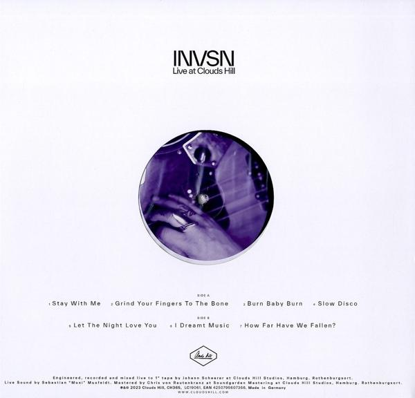 Rückseite eines INVSN Live at Clouds Hill Albums. Das Album hat Titellisten und Clouds Hill Logo.