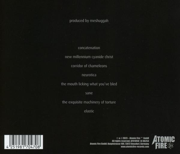 Rückseite einer CD-Hülle, schwarzer Hintergrund mit weißen Titeln.