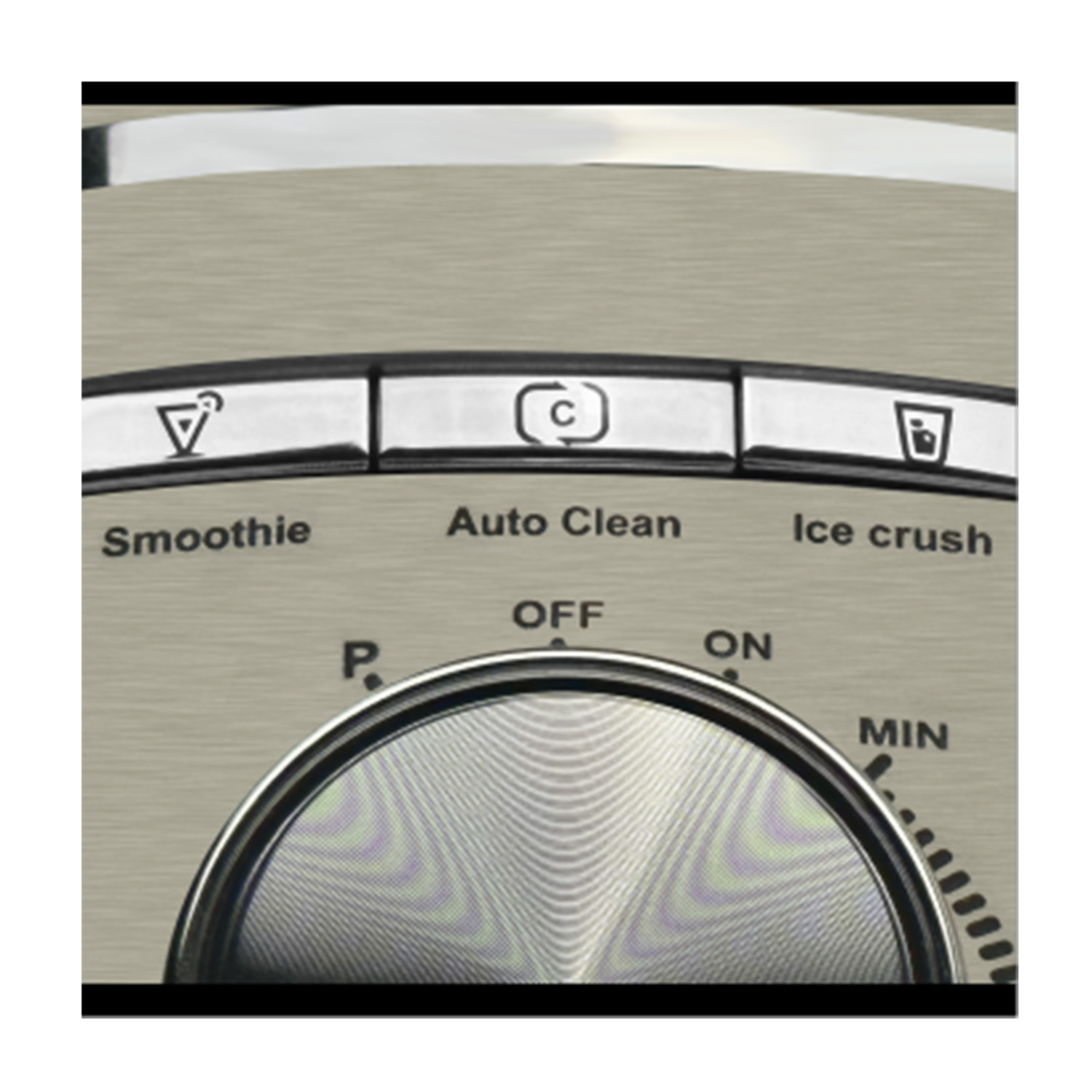 Primo piano del pannello di controllo di un frullatore con pulsanti: Smoothie, Auto Clean, Ice crush.