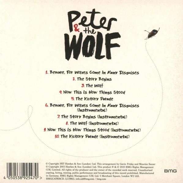 Albumcover mit Titel 'Peter & the Wolf' und Liedliste. Ein Käfer fliegt.