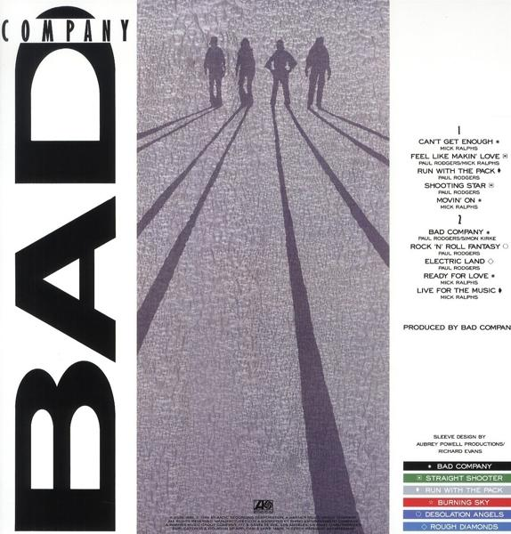 Albumcover für 'Bad Company' mit Bandmitgliedern und einer Titelliste. Der Hintergrund ist lila.