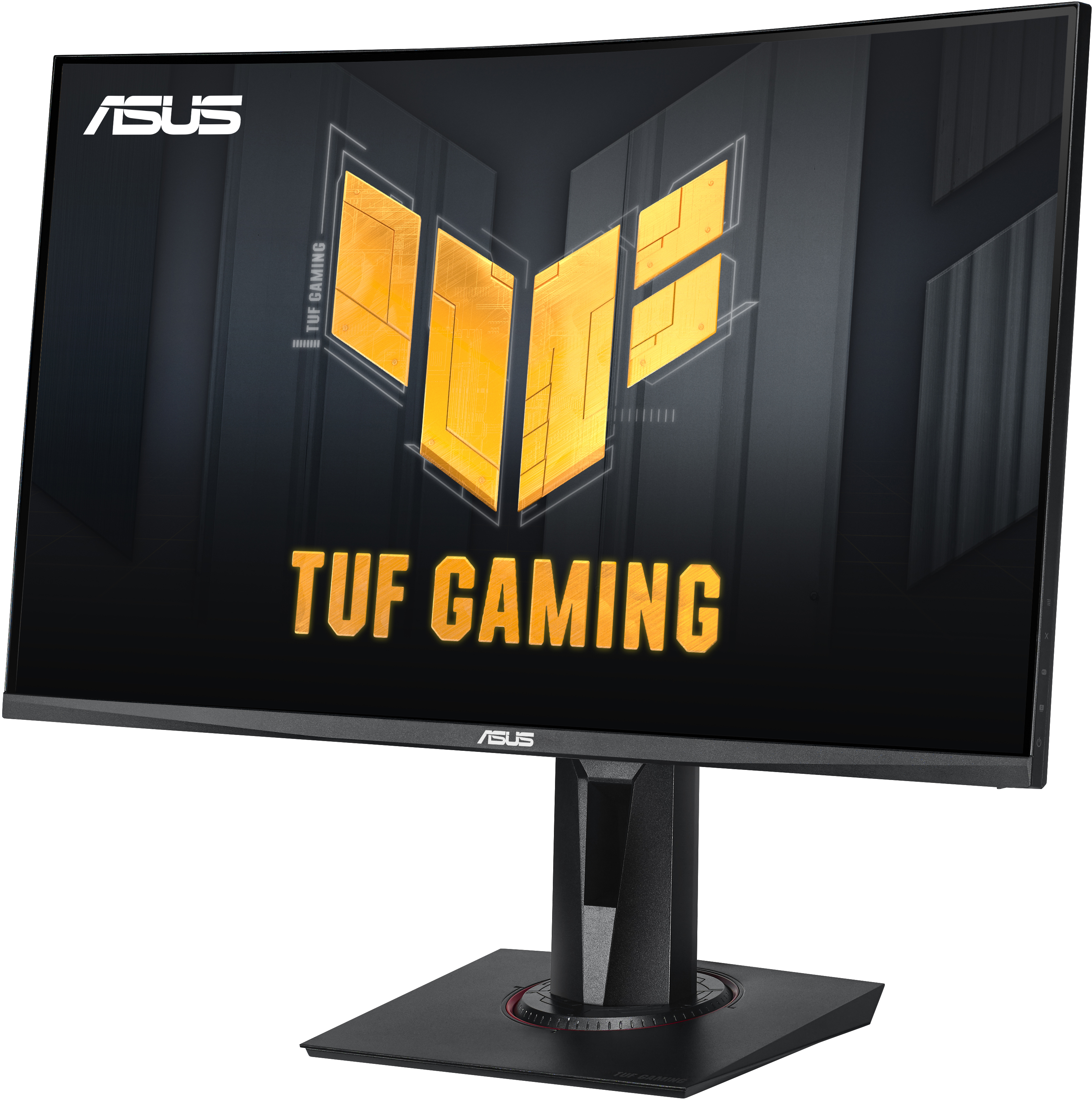 Écran d'ordinateur avec logo TUF Gaming, cadre noir, vue en angle, sur un support.