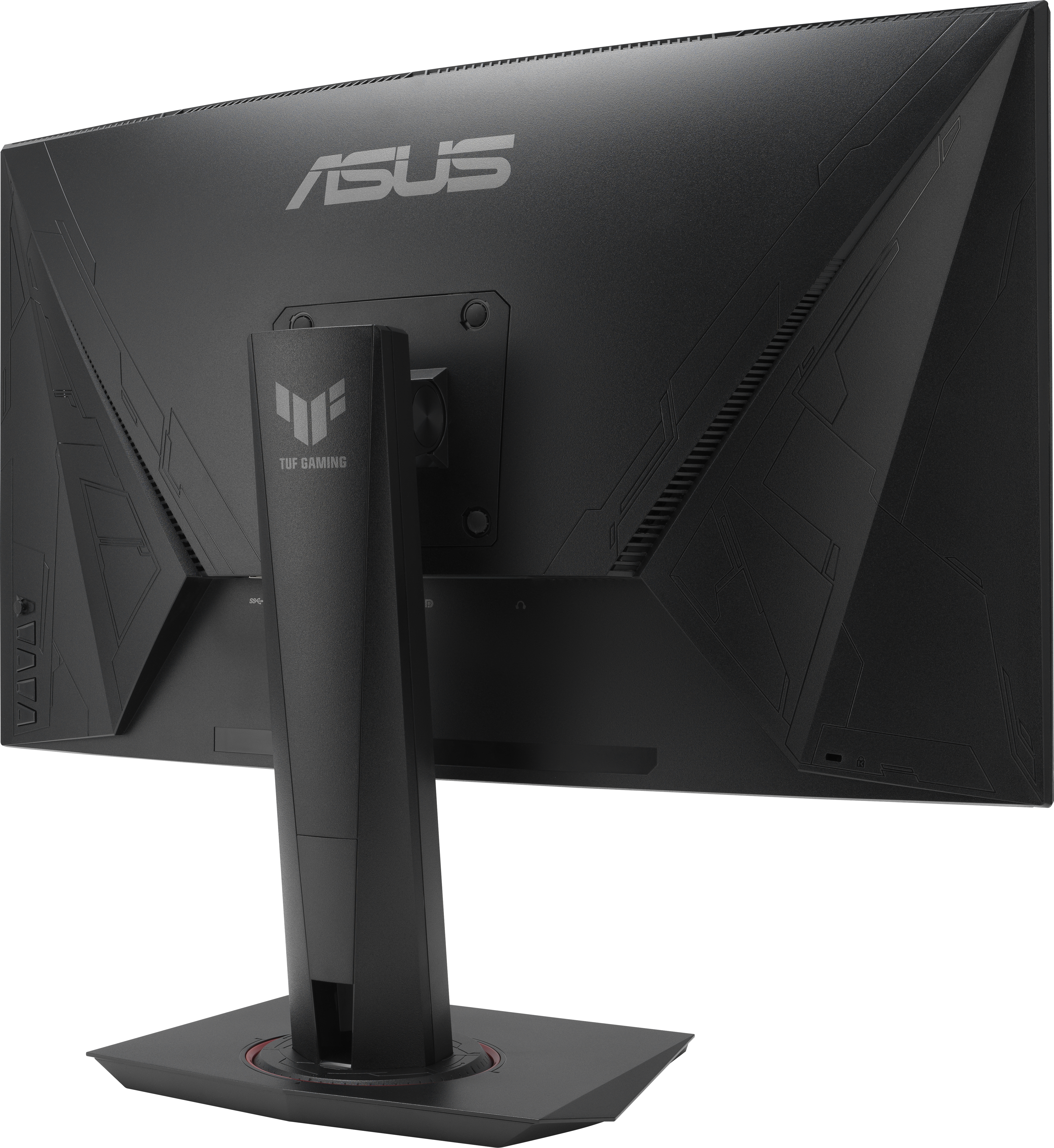 Arrière d'un moniteur ASUS TUF Gaming noir. Avec pied et logo ASUS.